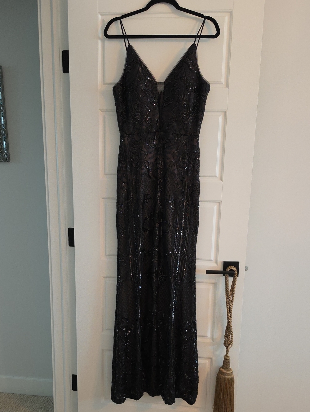 Betsy & Adam Black Sequin Spaghetti-Strap Maxi Dress